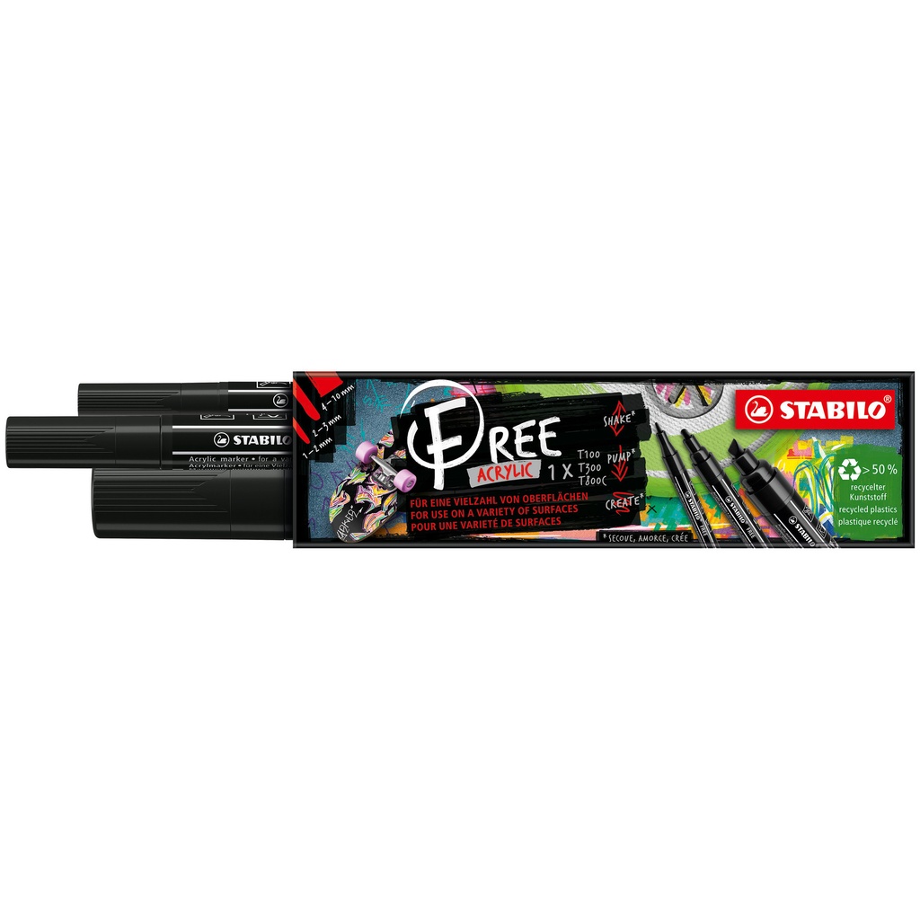 Acrylmarker STABILO  Free Acrylic Mixed Tip set à 3 breedtes zwart — afbeelding 2