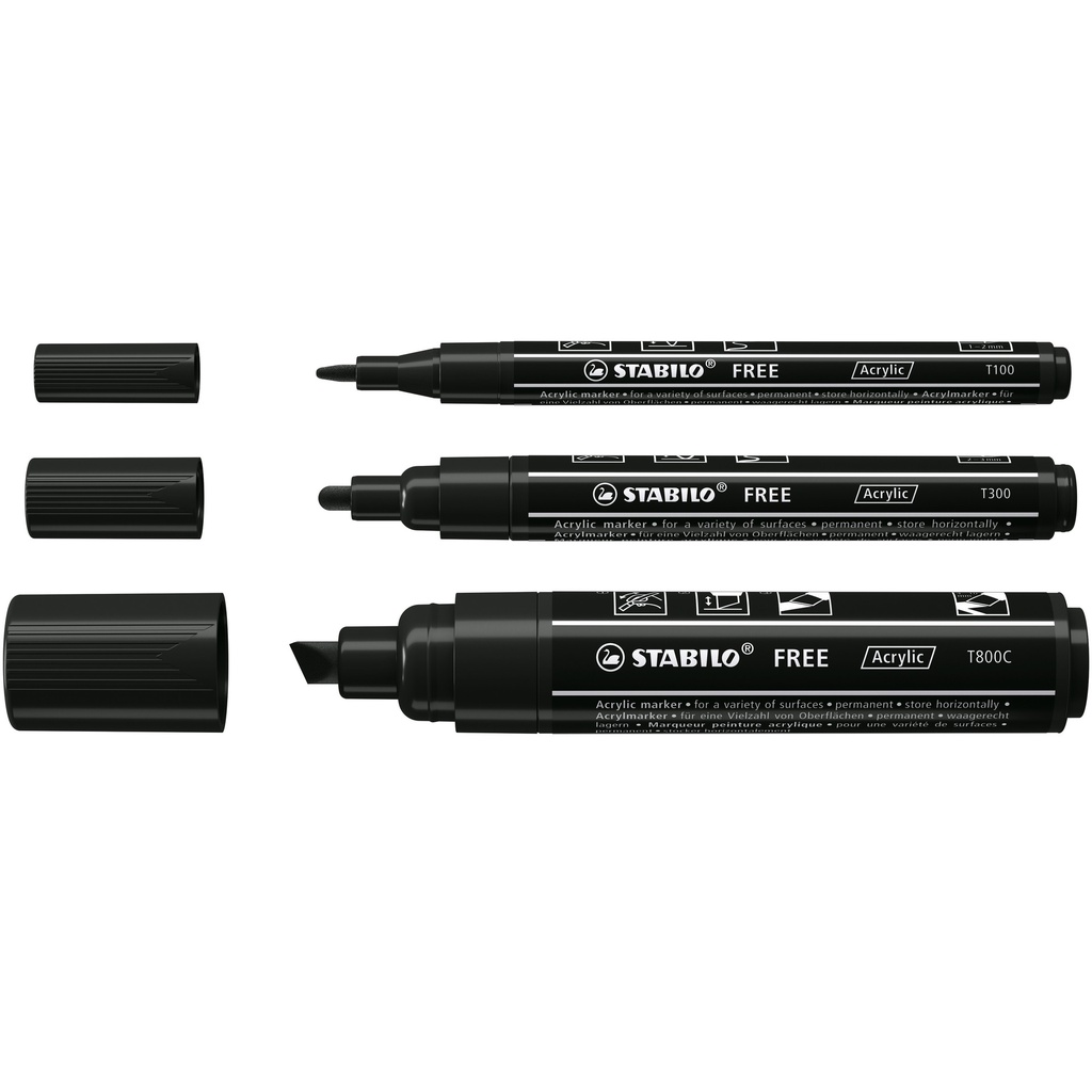 Acrylmarker STABILO  Free Acrylic Mixed Tip set à 3 breedtes zwart — afbeelding 4