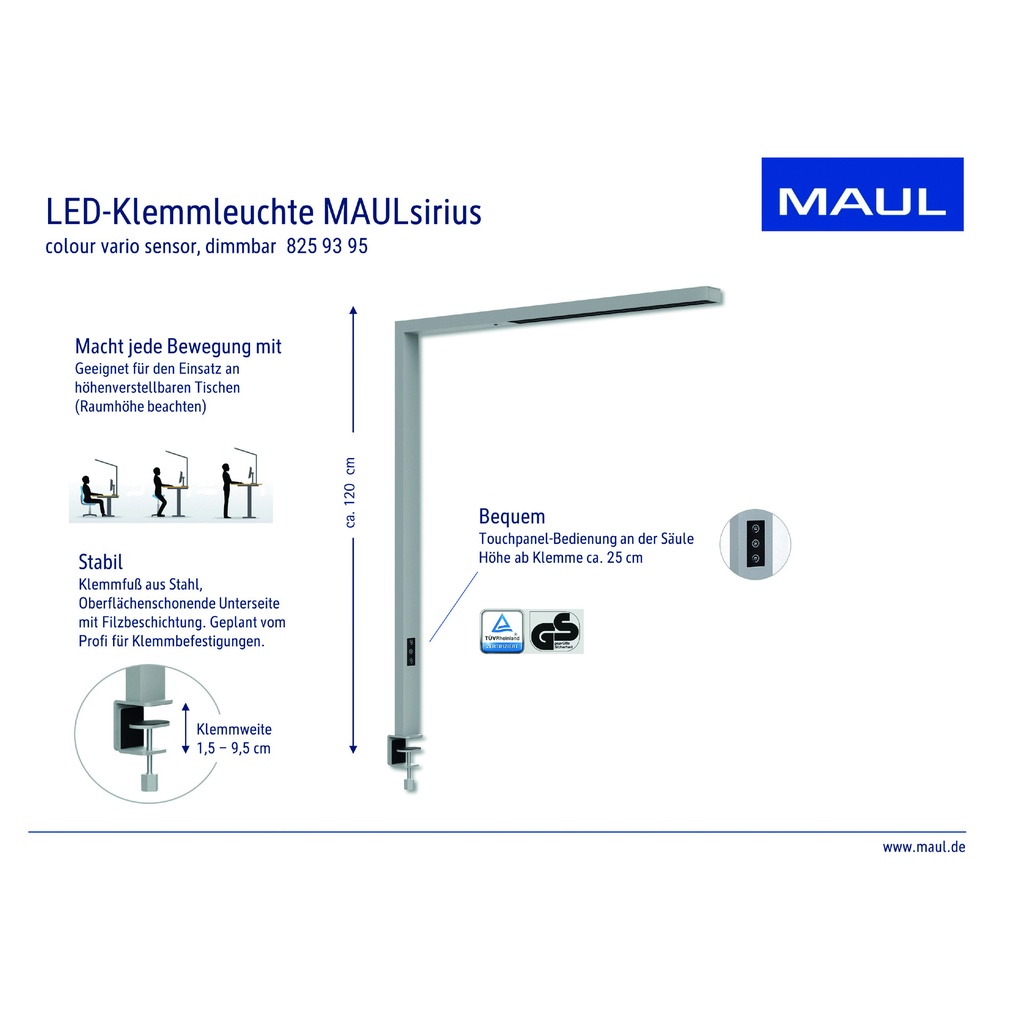 Werkpleklamp tafelklem MAUL Sirius LED beweging- daglichtsensor dimbaar zilver — afbeelding 2