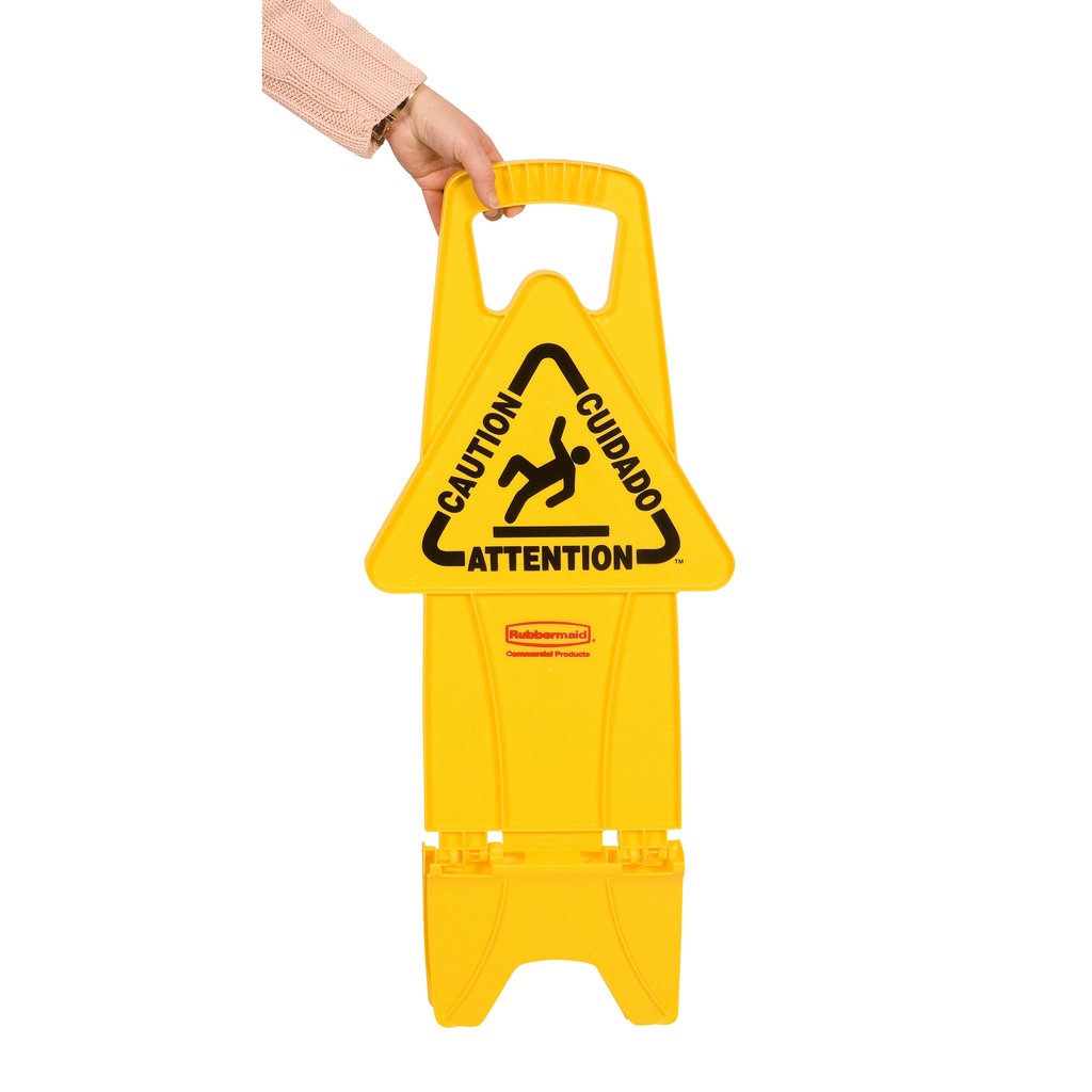 Waarschuwingsbord Rubbermaid tweezijdig meertalig met voet 66cm geel — afbeelding 2