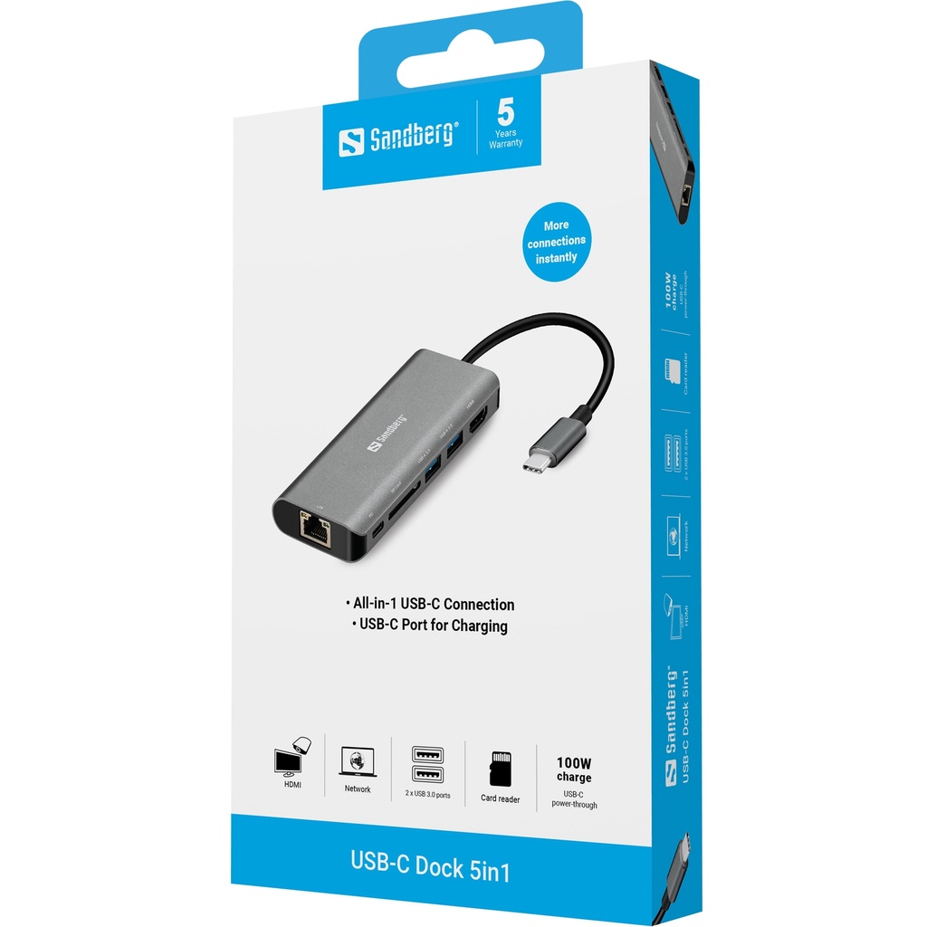 Sandberg USB-C Dock HDMI+LAN+SD+USB100W – productfoto