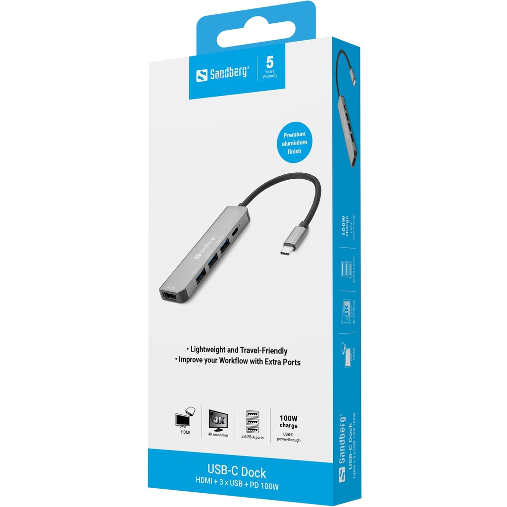 Sandberg USB-C Dock HDMI+3xUSB+PD 100W – productfoto