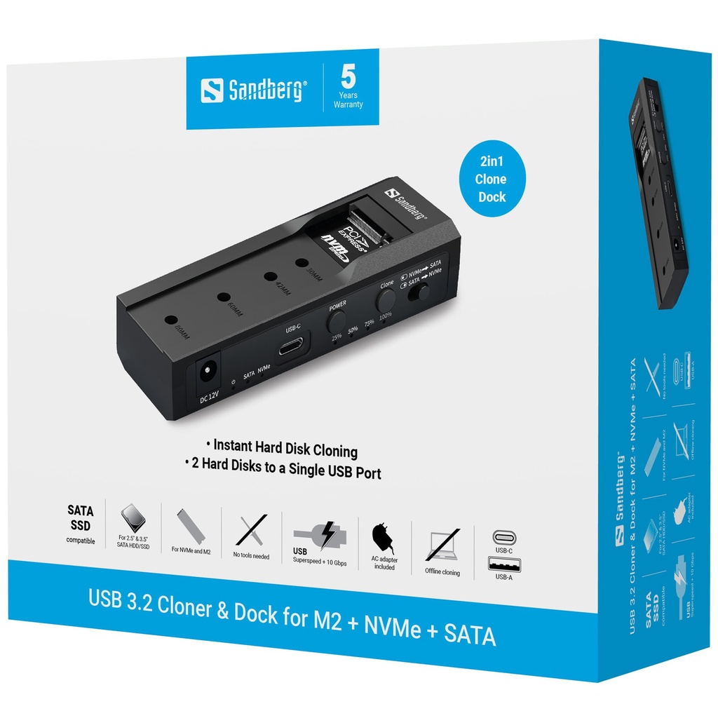 Sandberg USB 3.2 Cloner and Dock for M2 + NVMe + SATA – productfoto