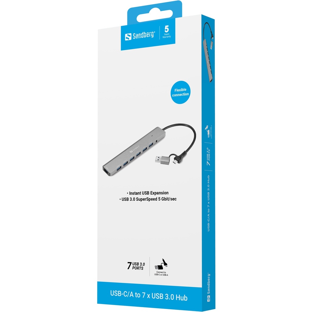 Sandberg USB-C/A to 7 x USB 3.0 Hub – productfoto