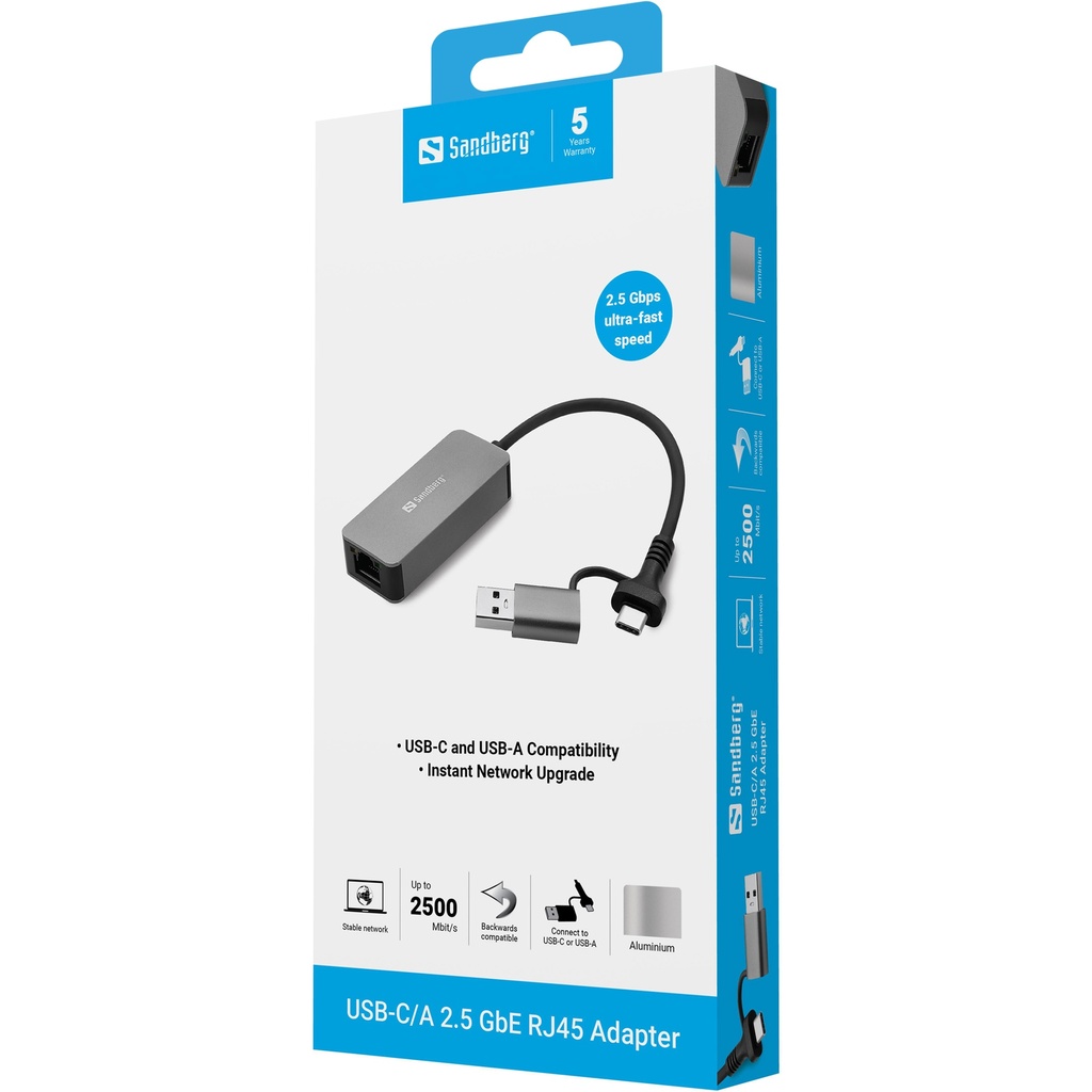 Sandberg USB-C/A 2.5 GbE RJ45 Adapter – productfoto