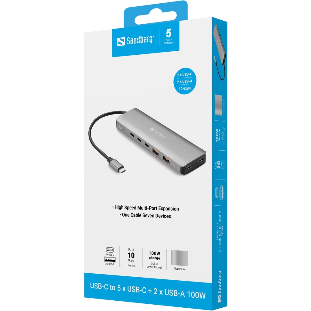 Sandberg USB-C to 5 x USB-C + 2 x USB-A 100W – productfoto