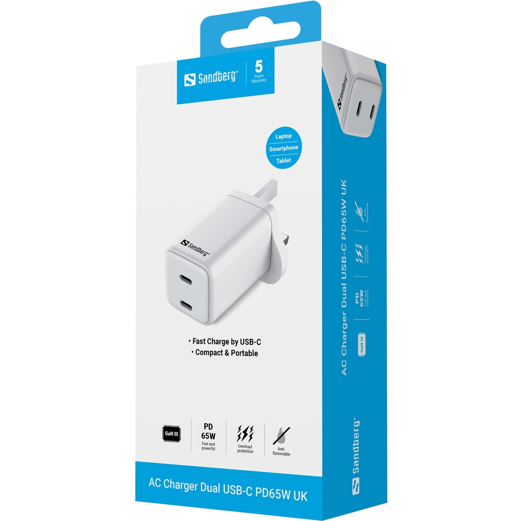 Sandberg AC Charger Dual USB-C PD65W UK – productfoto