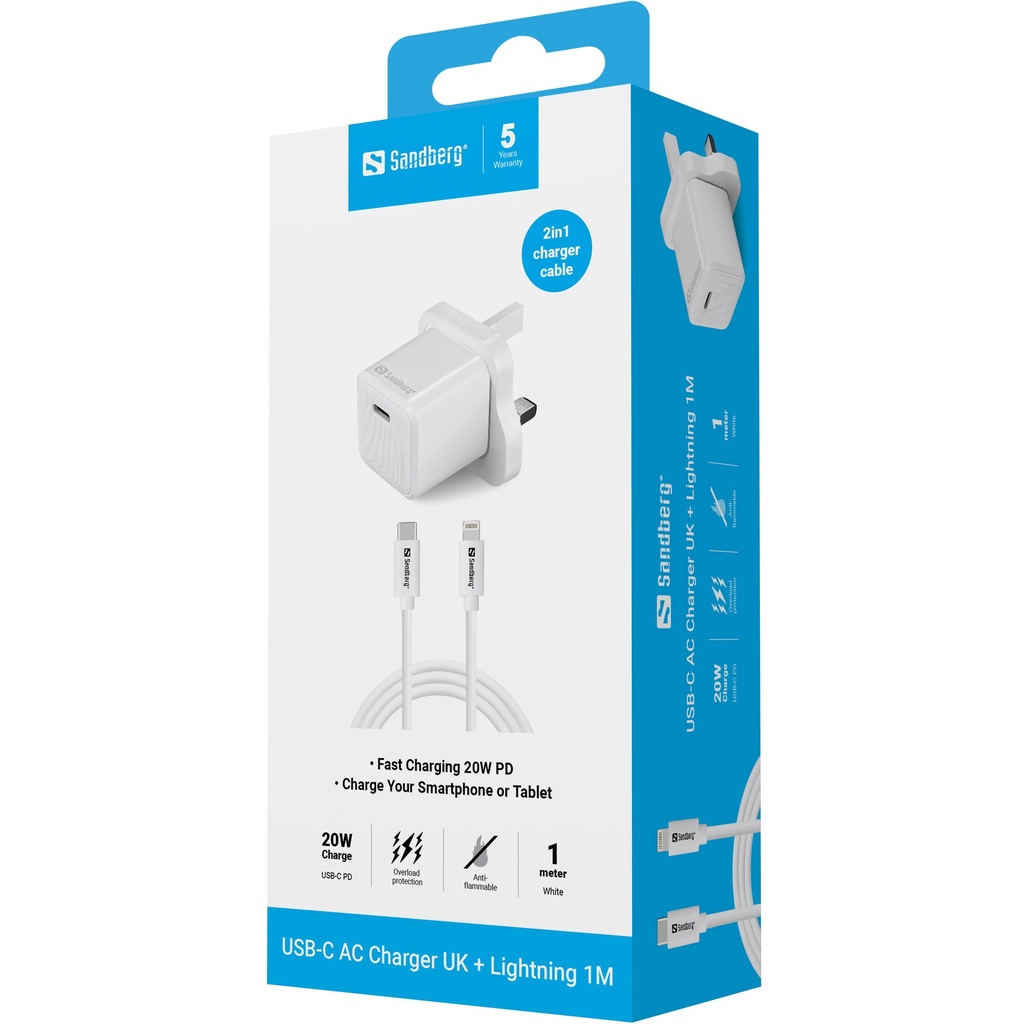 Sandberg USB-C AC 20W Charger UK + Lightning 1M – productfoto