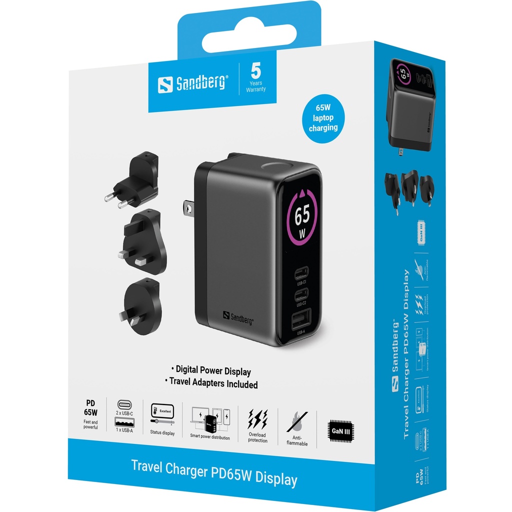 Sandberg Travel Charger PD65W Display – productfoto