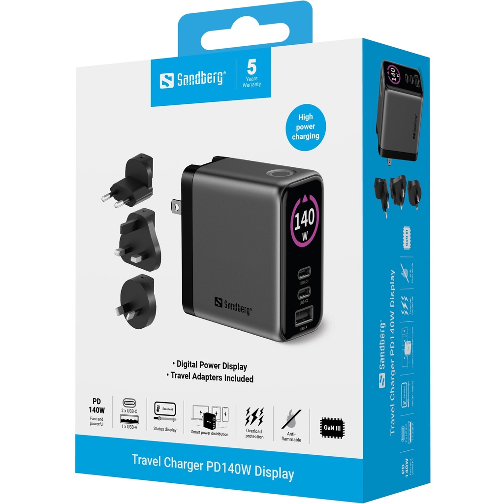 Sandberg Travel Charger PD140W Display – productfoto