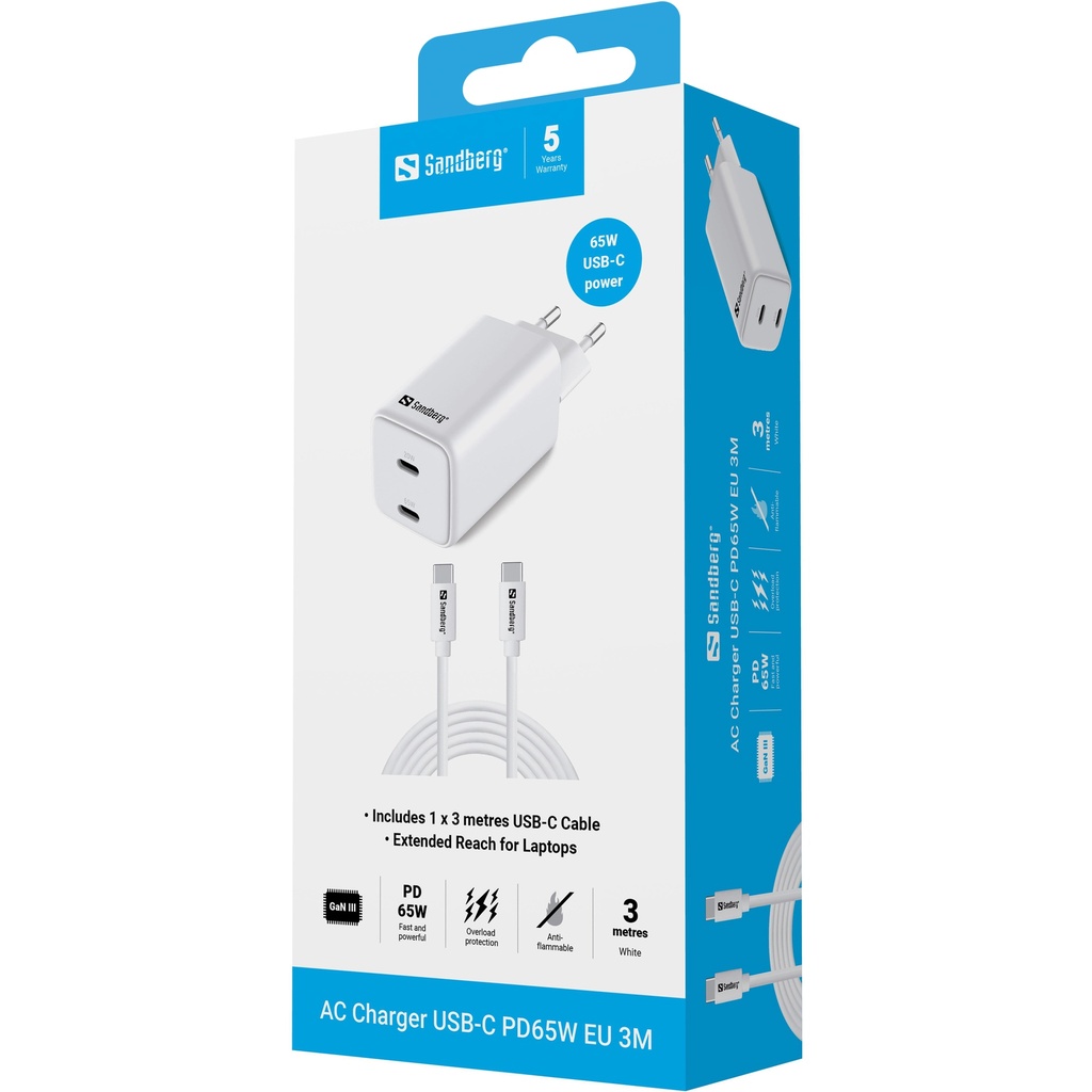 Sandberg AC Charger USB-C PD65W EU 3M – productfoto