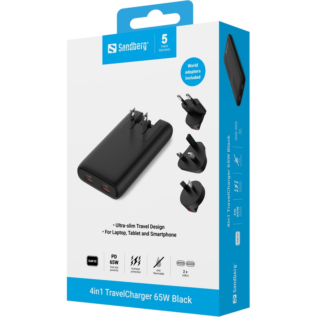 Sandberg 4in1 TravelCharger 65W Black – productfoto