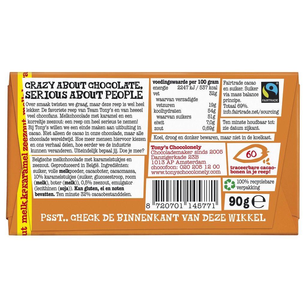 Chocolade Tony's Chocolonely melk karamel zeezout reep 90 gram — afbeelding 3