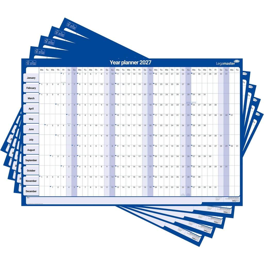 Jaarplanner 2027 Legamaster 90x60cm horizontaal gelamineerd Engelstalig — afbeelding 2