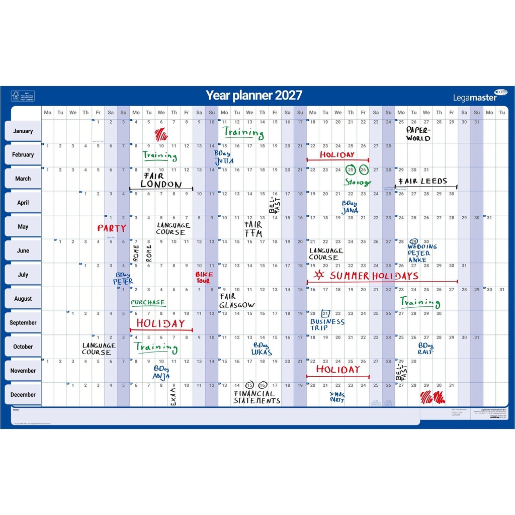 Jaarplanner 2027 Legamaster 90x60cm horizontaal gelamineerd Engelstalig — afbeelding 3