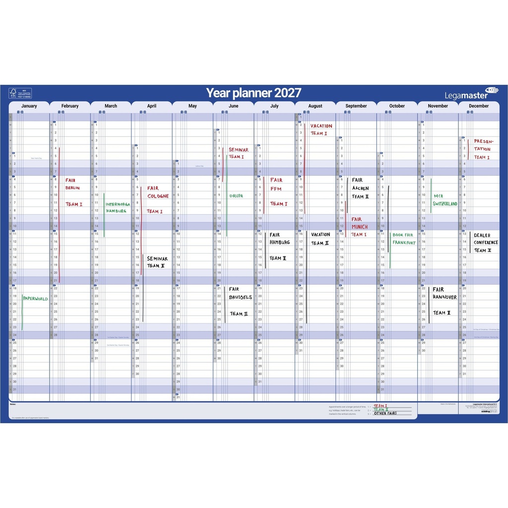 Jaarplanner 2027 Legamaster 1 persoon 90x60cm horizontaal gelamineerd Engelstalig — afbeelding 3