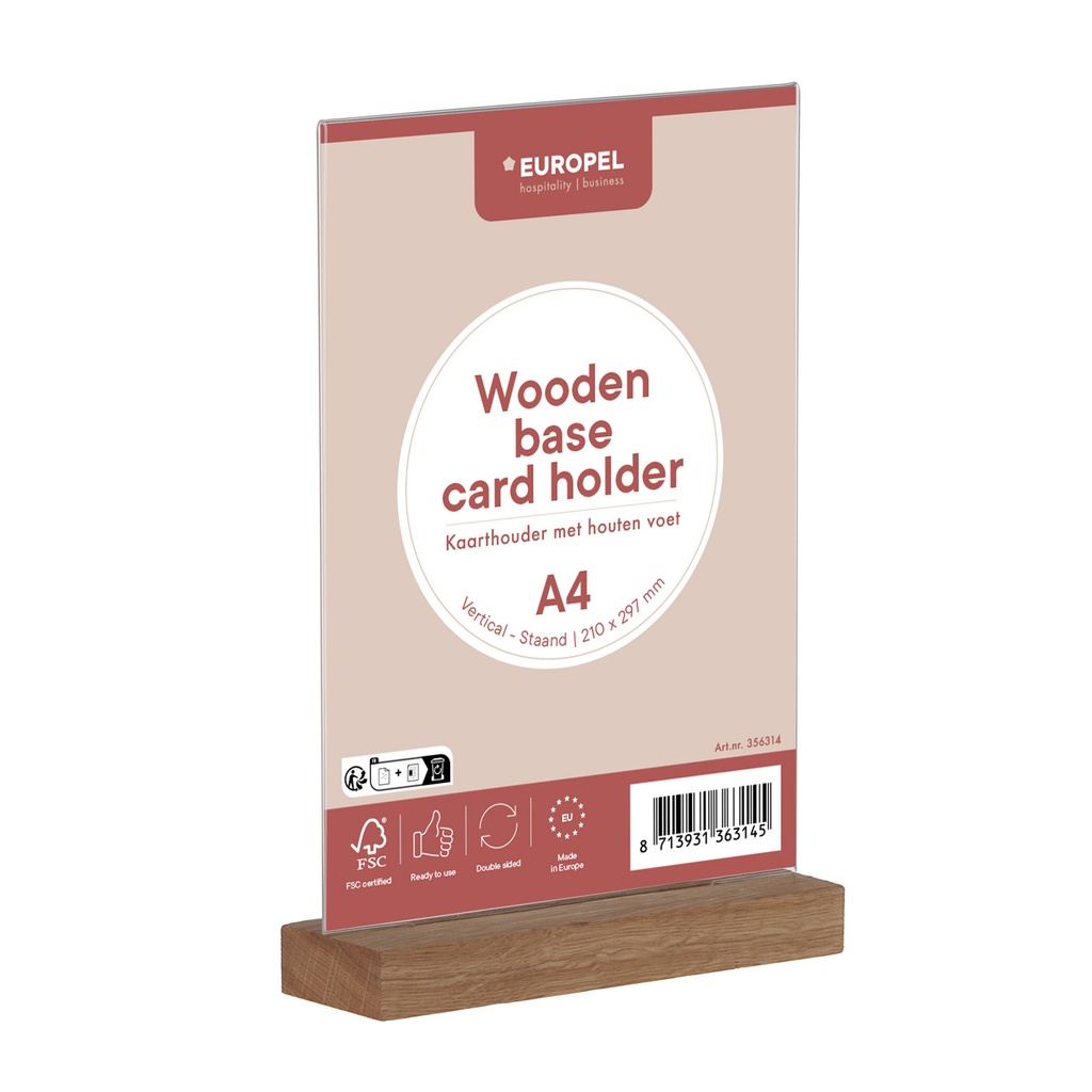 Kaarthouder Europel acryl met houten voet A4 staand — afbeelding 3