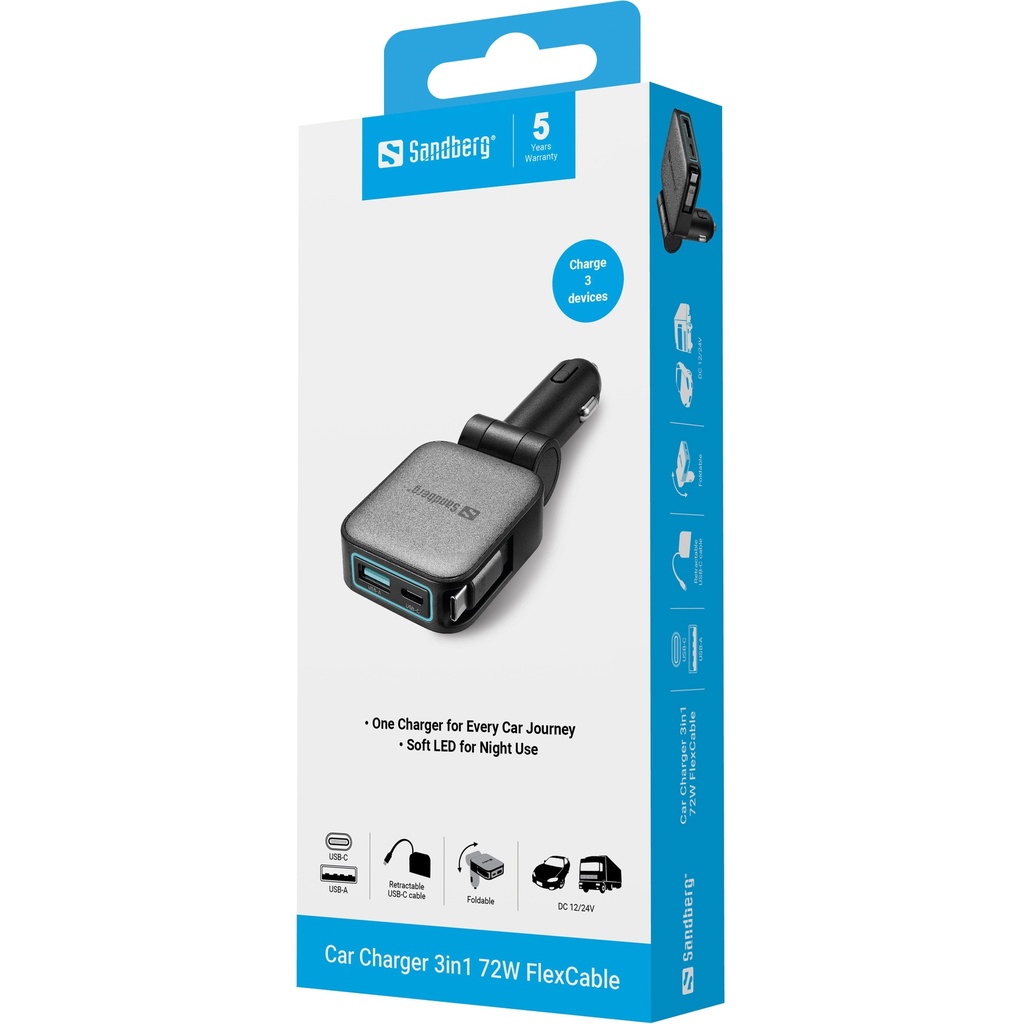 Sandberg Car Charger 3in1 72W FlexCable – productfoto