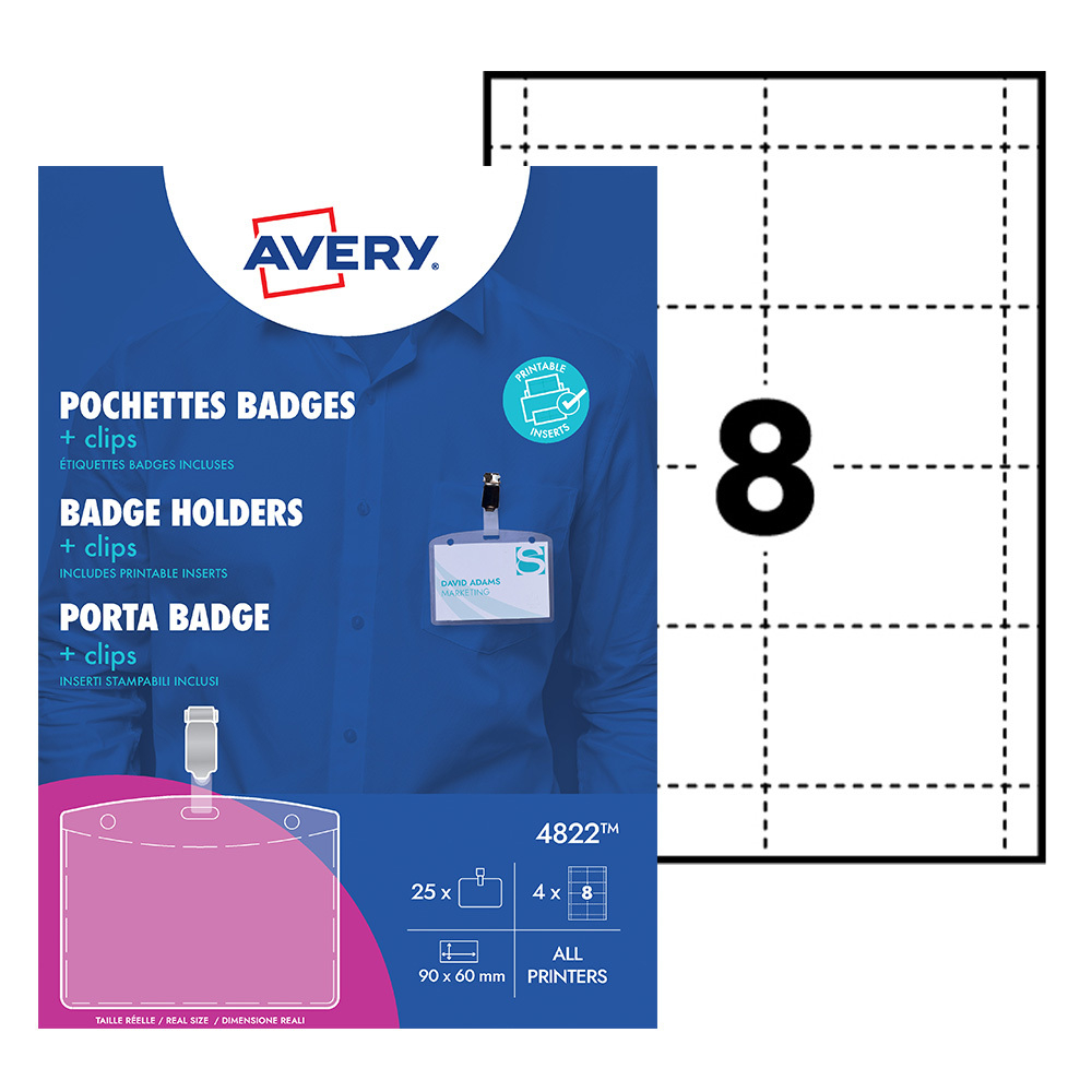 Badge Avery met clip 4822 60x90mm 25 stuks + 32 insteekkaarten — afbeelding 2