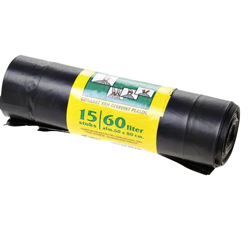 [V790115] Vuilniszak Komo 60l trekband rol à 15st zwart