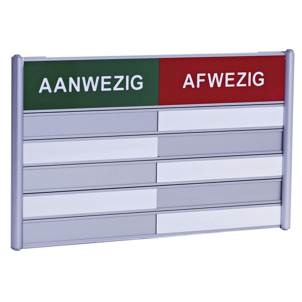 Aan afwezigheidsbord voor 5 namen