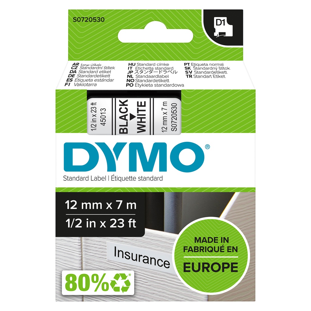 [S0720530] Labeltape Dymo LabelManager D1 polyester 12mm wit