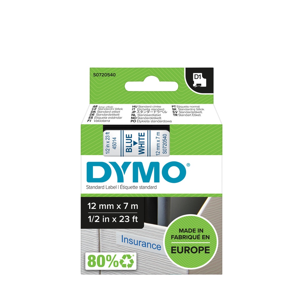 [S0720540] Labeltape Dymo LabelManager D1 polyester 12mm wit