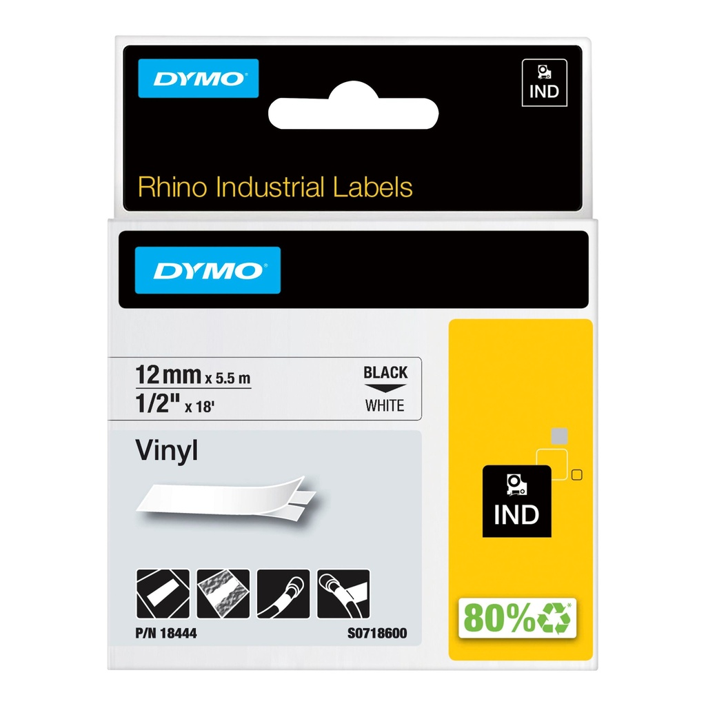 [18444] Labeltape Dymo Rhino industrieel vinyl 12mm wit