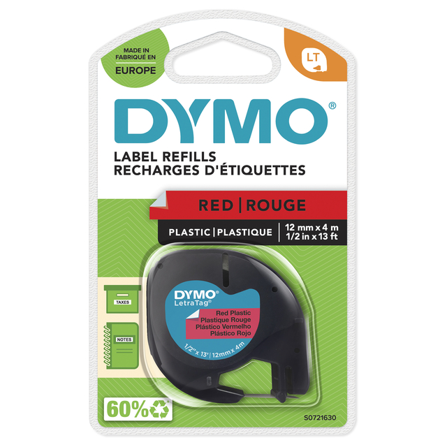[S0721630] Labeltape Dymo LetraTag plastic 12mm rood
