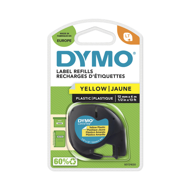 Labeltape Dymo LetraTag plastic 12mm geel