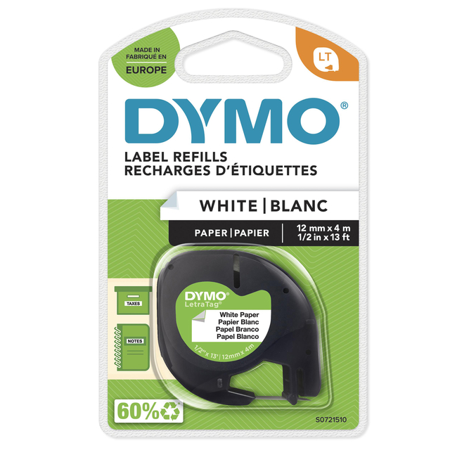 Labeltape Dymo LetraTag papier 12mm wit