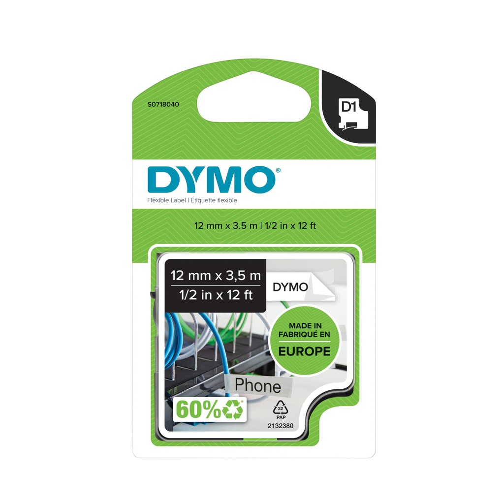 [S0718040] Labeltape Dymo LabelManager D1 nylon 12mm wit