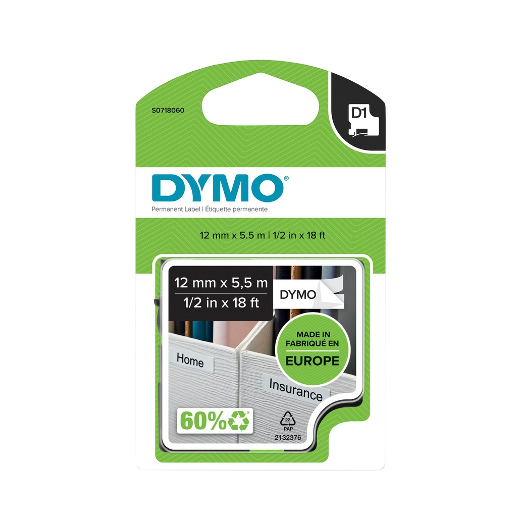 [S0718060] Labeltape Dymo LabelManager D1 polyester 12mm wit
