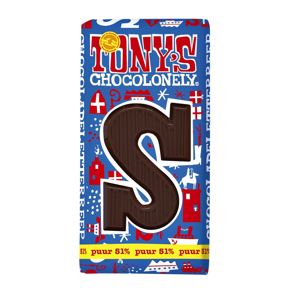 Chocoladeletter Tony Chocolonely puur S 180gr