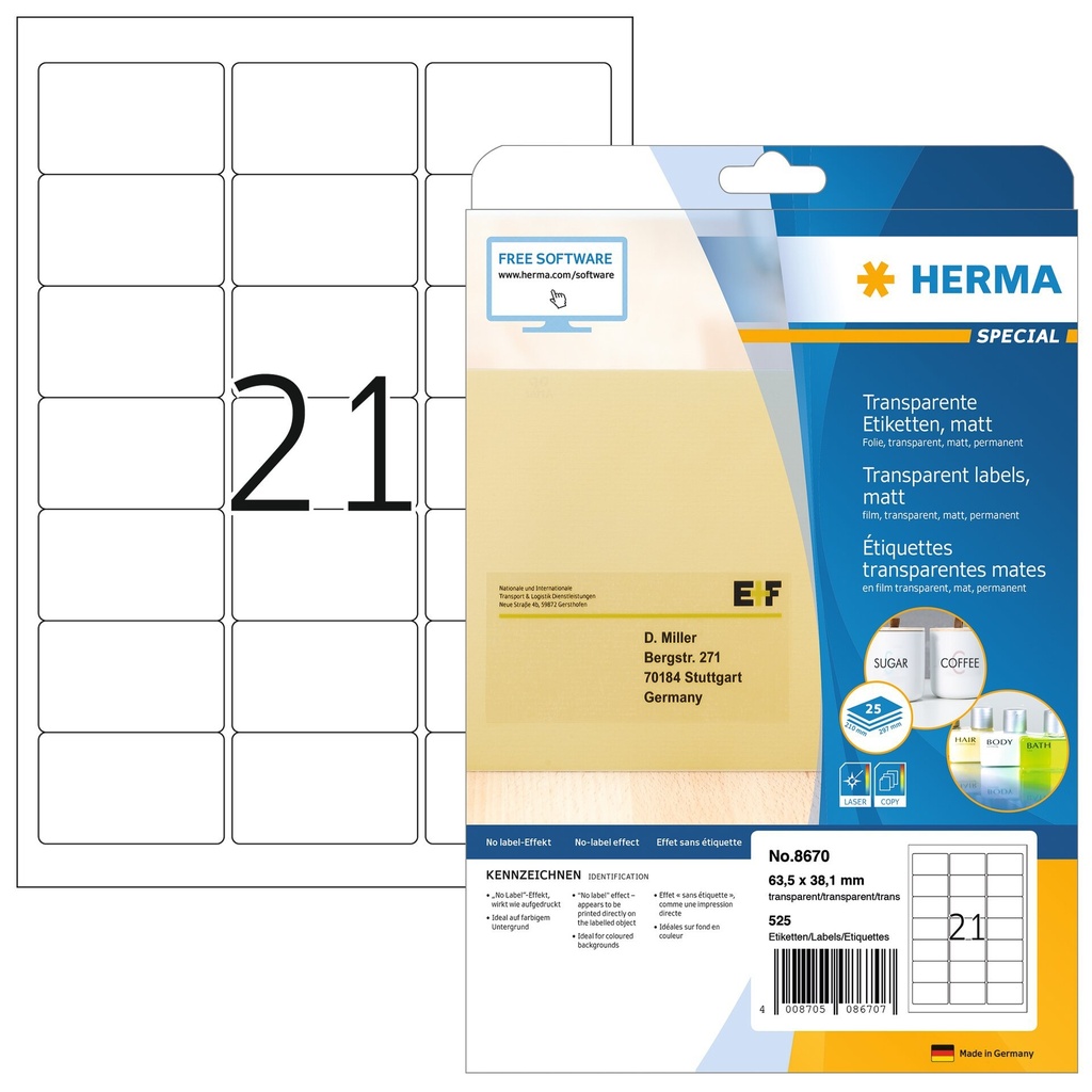 [8670] Etiket HERMA 8670 A4 63.5x38.1mm folie transp mat