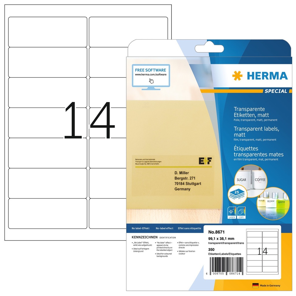 [8671] Etiket HERMA 8671 A4 99.1x38.1 folie transp mat