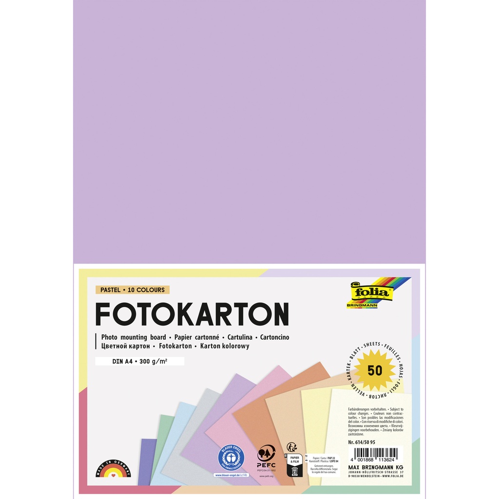 [614/50 95] Fotokarton Folia 300gr A4 50vel pastelkleuren