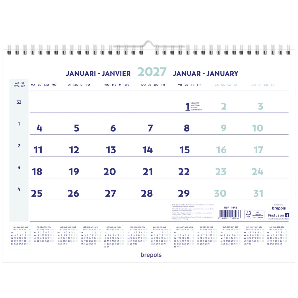1-Maandskalender 2026 Brepols 43x31.5cm