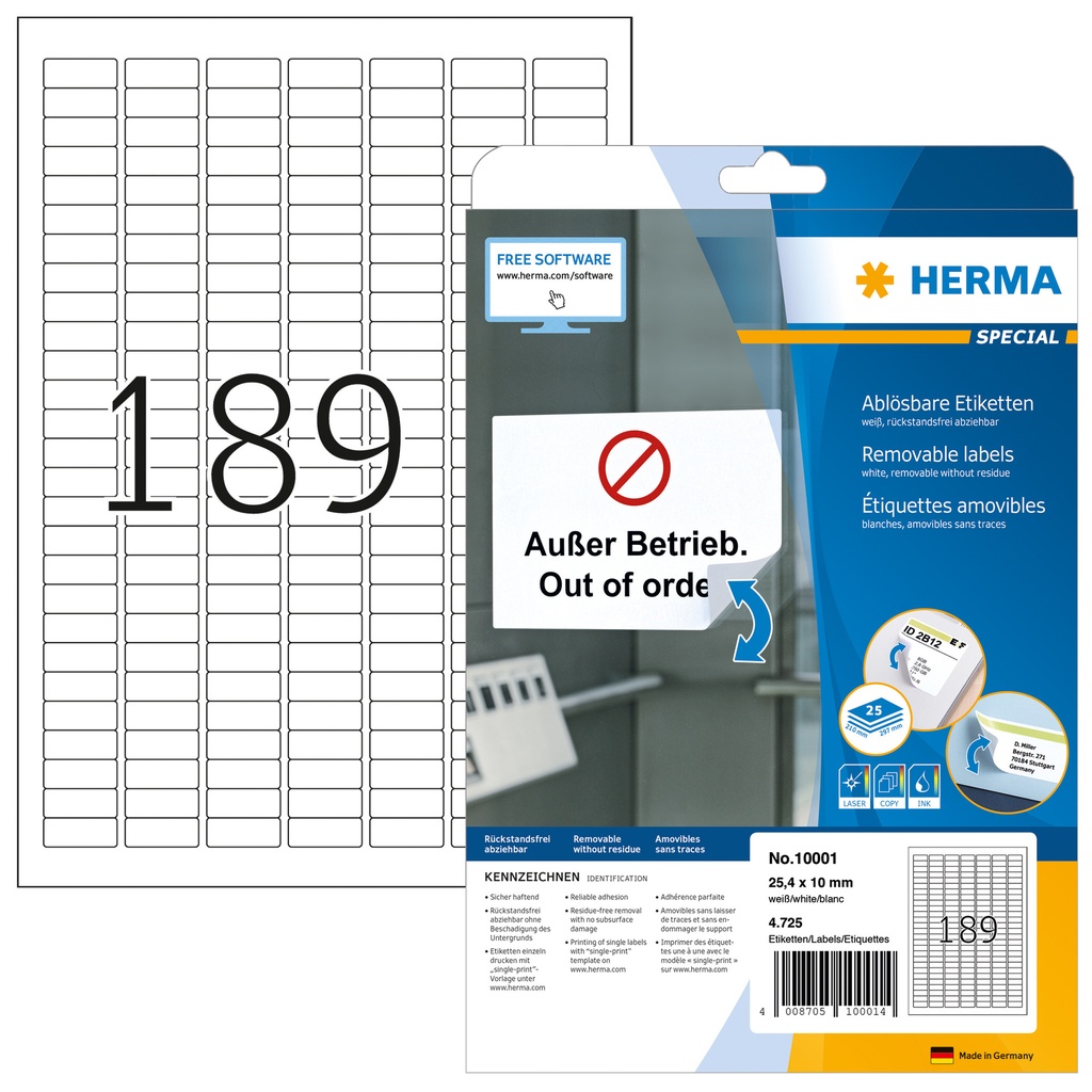 [10001] Etiket HERMA 10001 A4 25.4x10mm verw wit 4725st