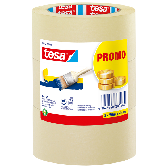 Afplaktape tesa Economy 50mmx50m geel 3 rollen
