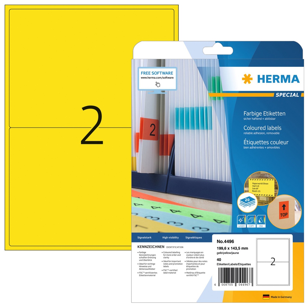 [4496] Etiket HERMA 4496 199.6x143.5mm geel 40st