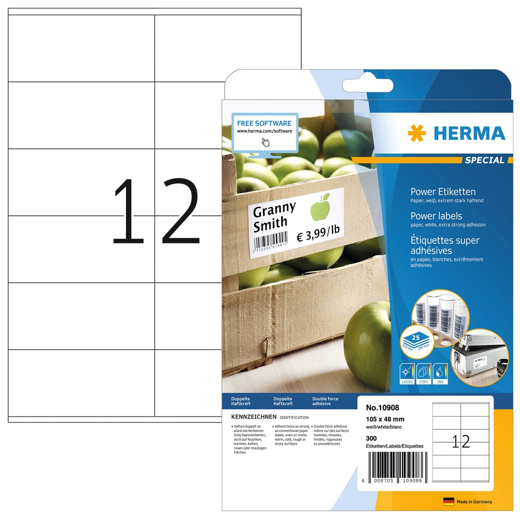 [10908] Etiket HERMA Power 10908 105x48mm wit 300st