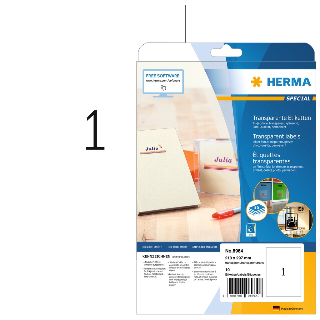 [8964] Etiket HERMA 8964 210x297mm 10st transp glanzend