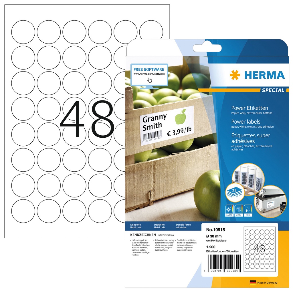 [10915] Etiket HERMA Power 10915 rond 30mm wit 1200st