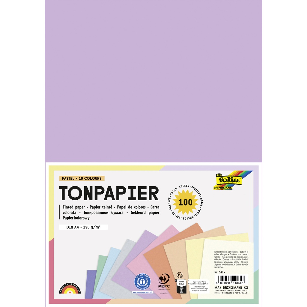 [6495] Knutselpapier Folia A4 100vel 10 pastelkleuren