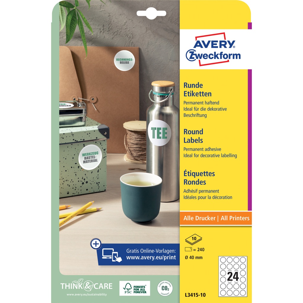 [L3415-10] Etiket Avery L3415-10 rond 40mm wit 240st