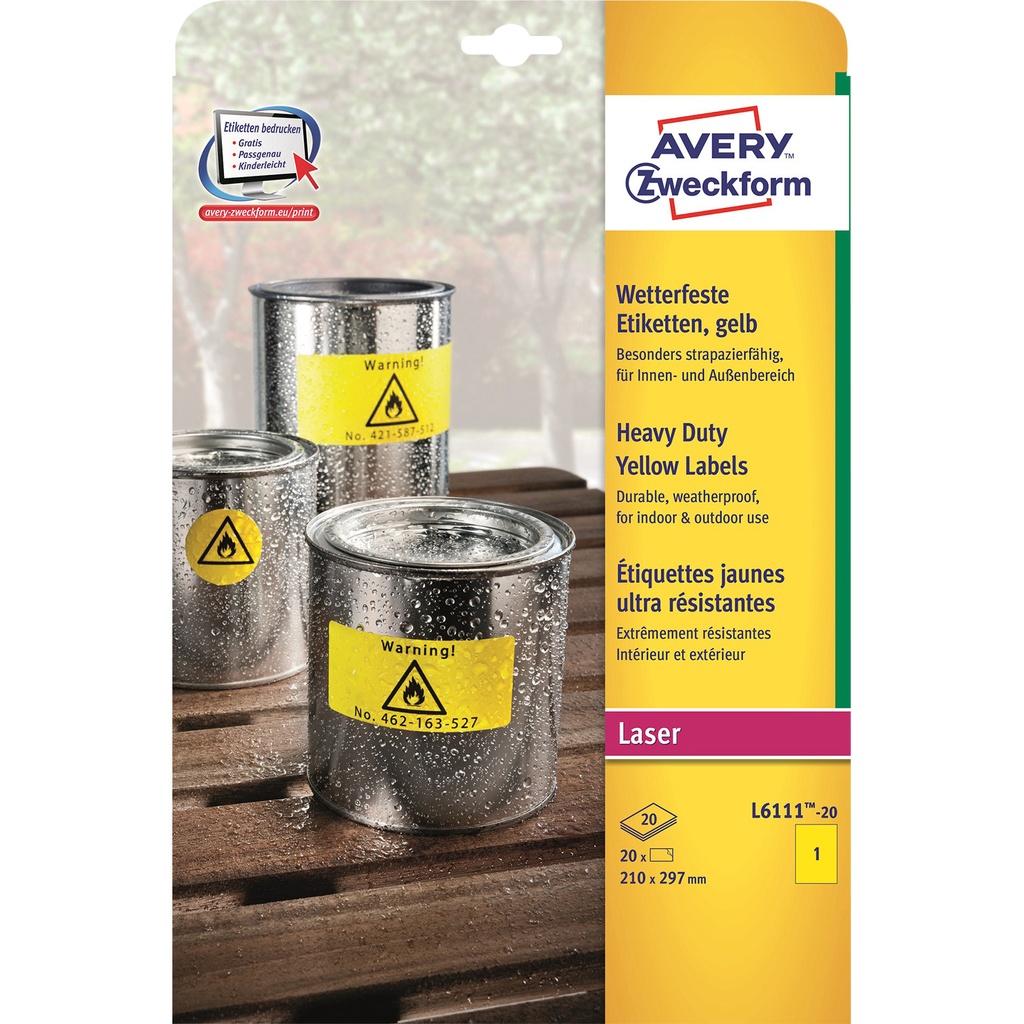 [L6111-20] Etiket Avery L6111-20 210x297mm geel 20st