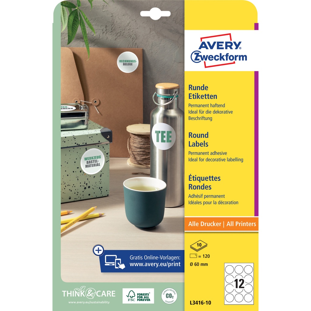 [L3416-10] Etiket Avery L3416-10 rond 60mm wit 120st