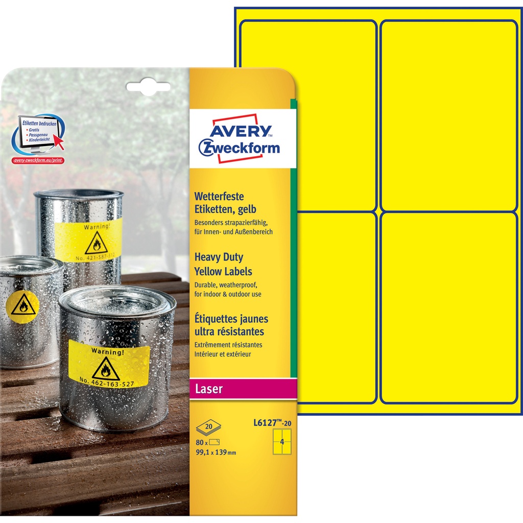 [L6127-20] Etiket Avery L6127-20 99.1x139mm geel 80st