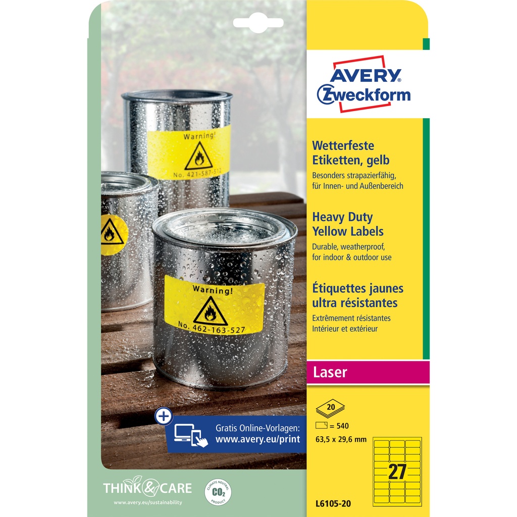 [L6105-20] Etiket Avery L6105-20 63.5x29.6mm geel 540st
